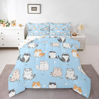 Erosebridal Kawaii Cat Bedding Queen for Girls Rainbow Kitten Comforter Set Cute Pet Bedding Comforter Sets Kids Cartoon Animal Duvet Insert Pastel Blue Quilted Duvet with 2 Pillow Shams Lightweight