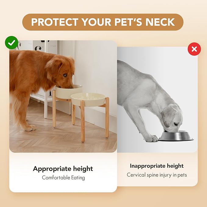 Ceramic Raised Slow Feeder Dog Bowl Set, Elevated 8.2inch Bowl and 9.5inch Slow Pet Food Dish with Wooden Stand for Large Dog (2 x Beige+ Stand)
