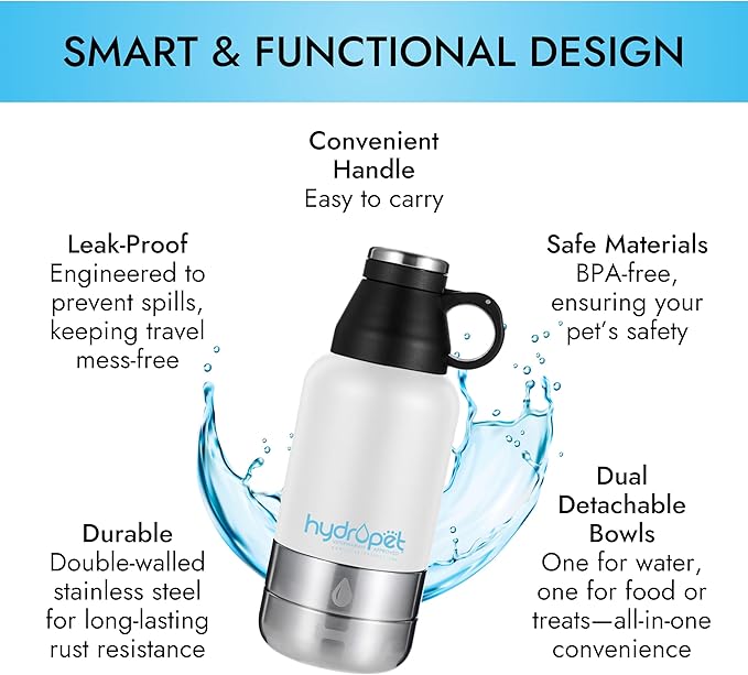 Hydropet Portable Dog Water Bottle (64 oz) - Insulated Dogs & Cats Travel Bottles, Stainless Steel - Detachable Dog Food Bowl and Water Bowl - Great for Daily Walks - Puppy Essentials & Accessories