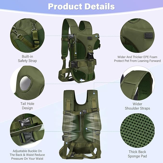 YUDODO Front Pet Carrier Backpack for Small Dogs and Cats, Secure and Breathable Mesh, Ergonomic Support, Adjustable for Walking, Hiking, or Travel (Army Green M)
