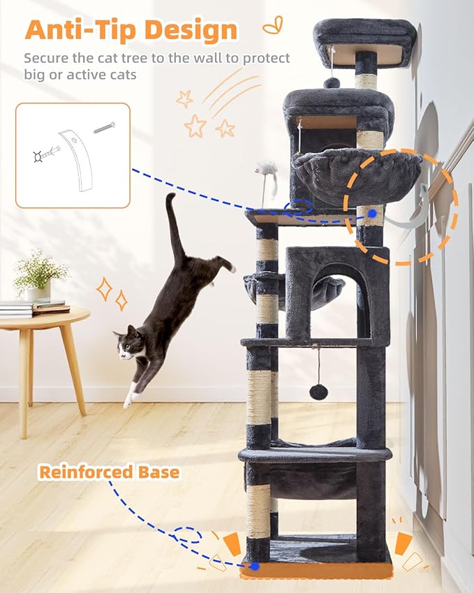 Taoqimiao Cat Tree, 77-Inch Cat Tower for Large Cats Multi-Level Cat Condos for Indoor Cats with 2 Condos, Extra-Lagre Platform, 2 Hanging Baskets, Hammock, 8 Scratching Posts, MS044G Smoke Gray