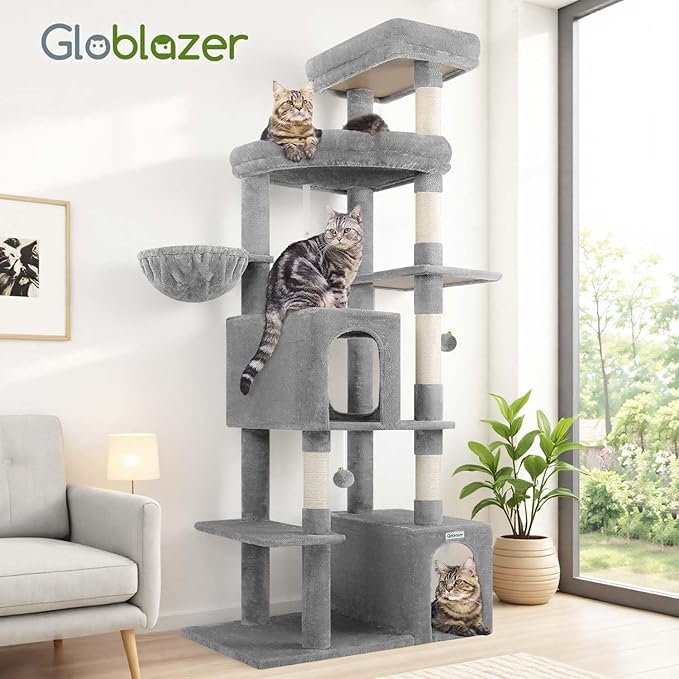 Globlazer Expandable Cat Tree Tower, 70in Tall Sturdy Cat Tree for Indoor Cats Large Adult with 2 Spacious Cat Condos, 2 Enlarged Perches, 5 Scratching Posts, Use Alone or Combine, F70E, Light Grey