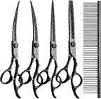 Dog Grooming Scissors,Black with Safety Round Tips,5 in 1 Curved Dog Scissors for Grooming,Professional Pet Grooming Shears Set for Dogs and Cats