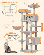 Taoqimiao Cat Tree 71-Inch, Cat Tower for Indoor Cats Large Adult, Multi-Level Large Cat Condo, 8 Sisal Scratching Posts, Metal Frame Cozy Hammock, Scratch Board, 2 Top Perches, Light Gray MS026LW