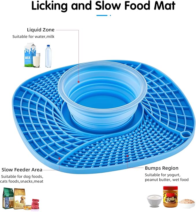 Lick Mat for Small Dogs and Cats with Suction Cups, Silicone Slow Feeder Lick Pad with Collapsible Bowl for Anxiety Relief, Pet Puzzle Treat Mat for Bathing Grooming Trimming (Blue)