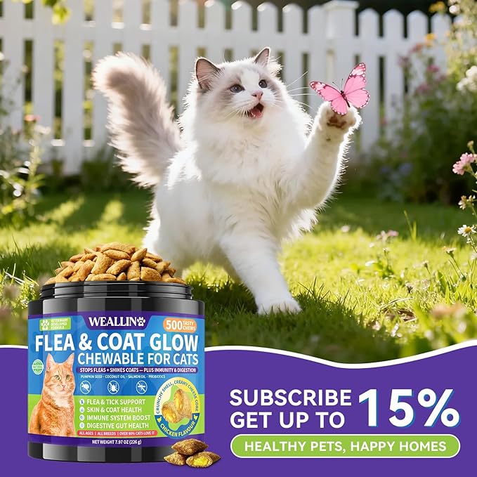 Flea and Tick Prevention for Cats - Cat Flea Treatment with Skin & Coat Support, 500 Crunchy & Creamy Chews, Oral Natural Flea Chewables for Gut & Immunity Support for All Breeds & Ages Chicken Flavor