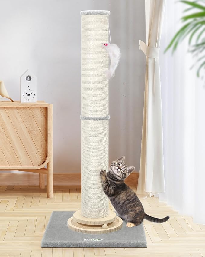 Globlazer Extra Thick Large Scratching Post for Indoor Cats Adults and Kittens, 35in Tall Natural Sisal Rope Scratcher Post, Large Cat Scratcher with Ball Interactive Toy, SC35, Light Grey
