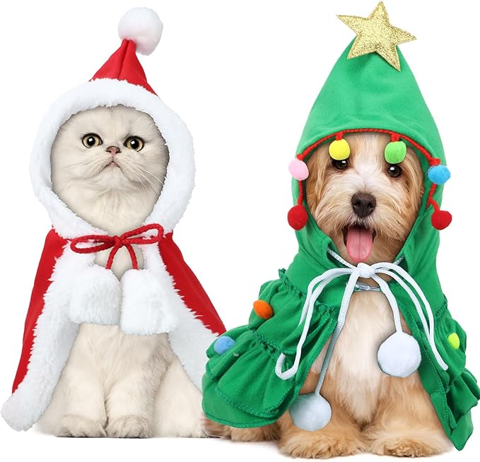 2 Pcs Pet Christmas Costume, Dogs Cats Cape with Hat Santa Claus Cloak and Xmas Tree Cloak with Star and Pompoms, for Dogs Cats Pet Puppy Santa Gifts Christmas Outfit(Medium)