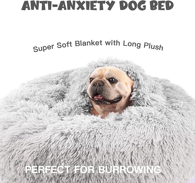 Himax Dog Beds for Small Medium Dogs, Donut Dog Bed with Blanket Attached, Calming Dogs Bed Washable (20"/26"/35") Light Grey