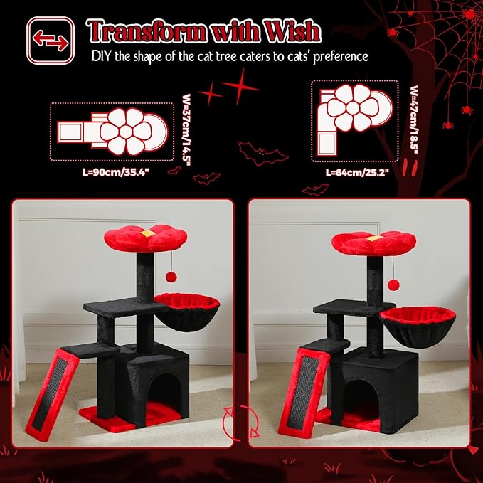 PETEPELA Gothic Cat Tree for Indoor Cats, 31.5'' Small Flower Cat Tower Condo with Sisal Scratching Ramp, Cozy Hammock and Removable Flower Cat Bed Perch for Kittens, Black