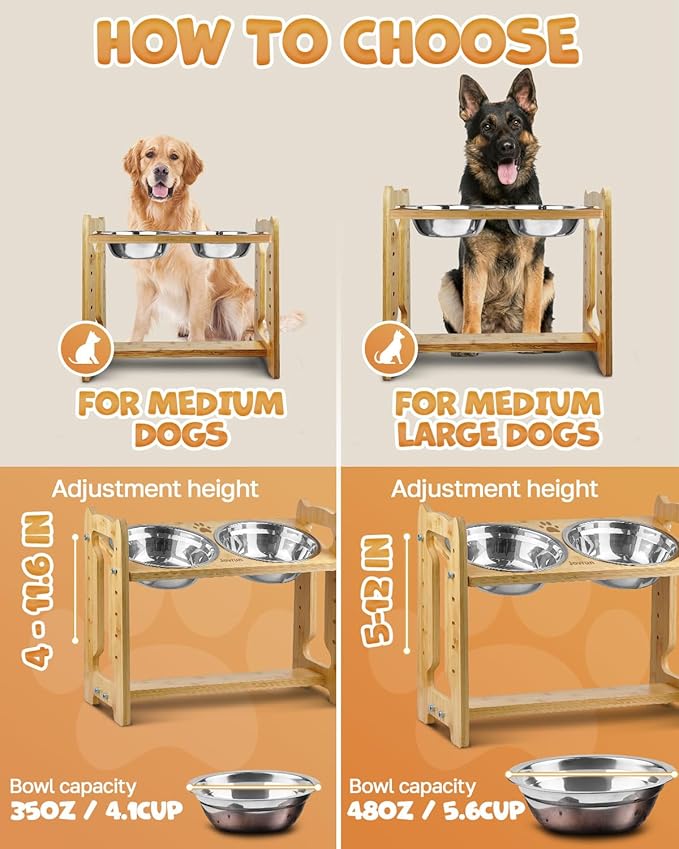 Elevated Dog Bowls, Adjustable Raised Dog Bowl Stand for Medium Large Size Dogs, Durable Bamboo Dogs Feeder with 2 Stainless Steel Bowls and Non-Slip Feet, Pet Food Bowl for Medium Large Sizes