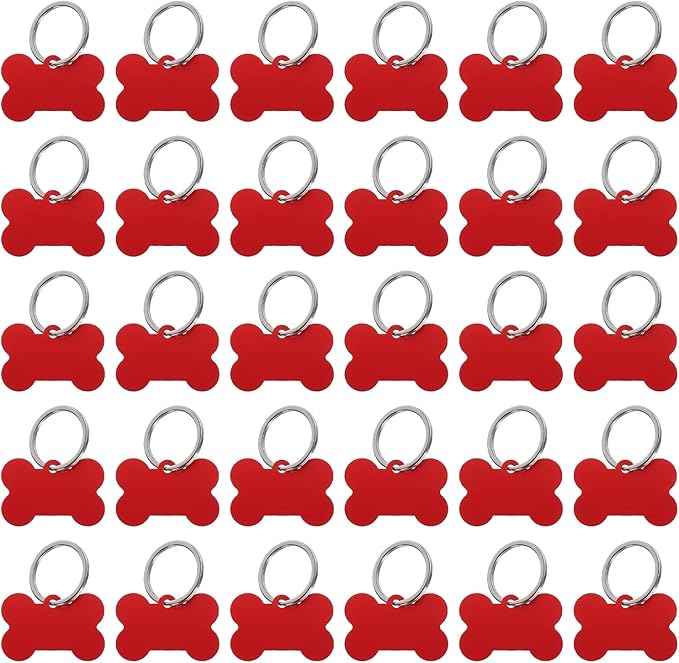 MECCANIXITY Bone Shaped Dog Tag Pet ID Tags, 38mmx25mm/1.5" x1 Metal Red Blank Dog Tags Cat Tags with Ring for Dog Cat, Pendant Crafts, Pack of 30