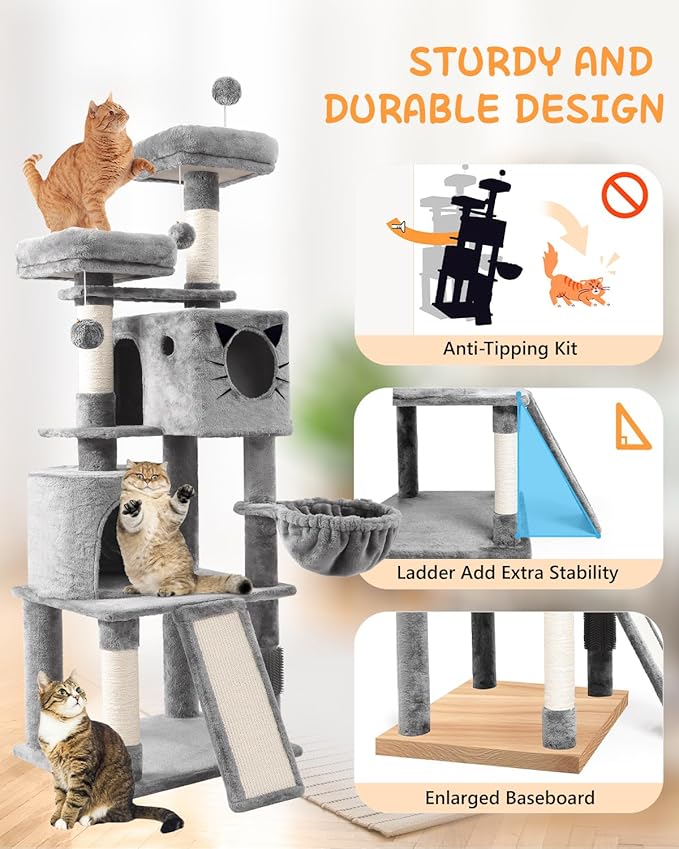 66in Multi-Level Large Cat Tree Tower for Indoor Cat/Kitties, Mordern Cat Tower with Sisal Scratching Posts, Condos and Hammock, Perches, Ramp for Climbing Heavy Duty