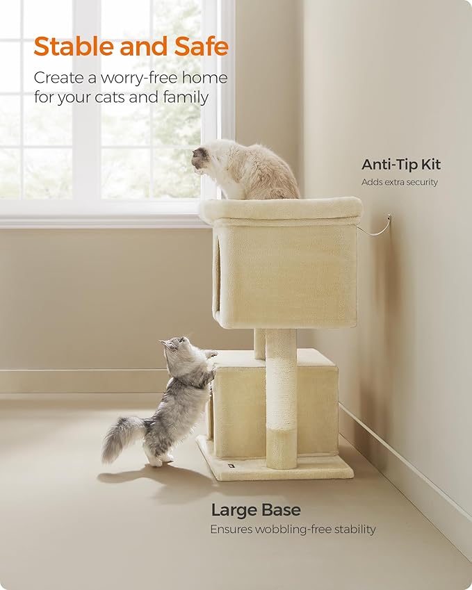Feandrea Cat Tree, 39.8-Inch Cat Tower, XL, Cat Condo for Extra Large Cats up to 44 lb, Large Cat Perch, 2 Cat Caves, Scratching Post, Beige UPCT614M01