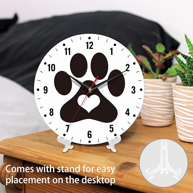 SPUNKER Clock for Bedroom,Black Cat Dog Paw Print Wall Clock Battery Operated 10 Inch,Cute Love Round Clock Silent Non-Ticking Wall Decor for Farmhouse Office Home School Living Room Bedroom