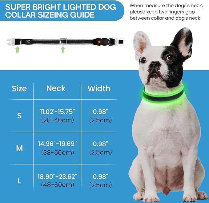 PcEoTllar Light up Dog Collars Rechargeable, LED Dog Collar Night Walking, Waterproof Flashing Glow in The Dark Dog Collars, Adjustable Dog Lights for Large Small Medium Dogs Green-L