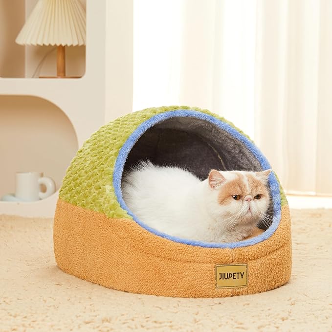 Jiupety Cat Beds for Indoor Cats, Cat Cave Bed and Kitten Bed, Hideway Cat House and Cat Tent with Anti-Slip Bottom, Washable Removable Cushion, M(16"x16"x13"), Green.