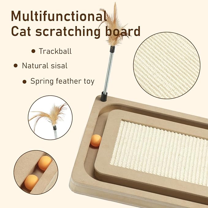 PEEKAB Cat Scratcher,Sisal Scratching Board with Track Ball Interactive Toy and Swing Feather Toys for Indoor Cats and Kittens,Large Heavy Durable