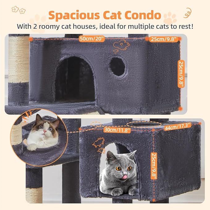 Taoqimiao Cat Tree 71-Inch, Cat Tower for Indoor Cats Large Adult, Multi-Level Large Cat Condo, 8 Sisal Scratching Posts, Metal Frame Cozy Hammock, Scratch Board, 2 Top Perches, Smoky Gray MS026LG