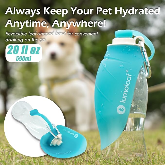 LumoLeaf Dog Water Bottle for Walking, Portable Pet Water Dispenser with Foldable Leaf Bowl – Lightweight Travel Bottle for Small & Medium Dogs, 20 fl oz