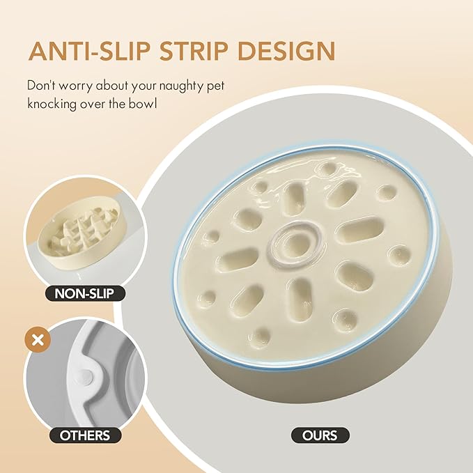 Ceramic 9.5 inch Dog Bowl Slow Feeder, Slow Pet Food Dish for Large Dog, Stop Bloat, Preventing Choking(Single Bowl, Beige)