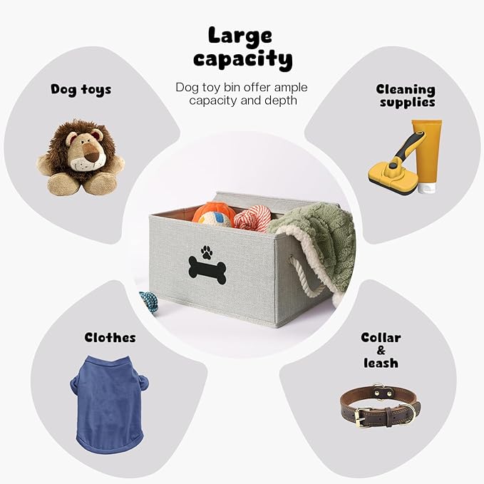 Dog Toy Basket with Lid, Dog Basket for Toys, Dog Toy Box with Cotton Rope Handles, Collapsible Storage Bins for Dog Toys, Dog Storage Organizer, Gray