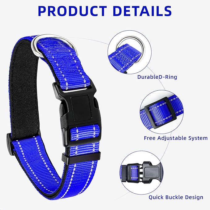 Reflective Dog Collar, Soft Neoprene Padded Nylon Pet Collar with Quick-Release Buckle, Adjustable for Mediunm Dogs,Navy Blue,M, 1" Width