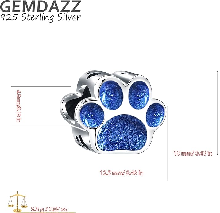GEMDAZZ Sparkling Puppy Paw Print Charms in 925 Sterling Silver, Pave Dog Pawprint CZ Round Beads and Always in My Heart Charms, Gift for Animal Lover, fit European Women Bracelet/Necklace