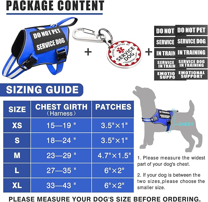 Service Dog Vest Harness+ID Tag+10 Patches,Metal Serivce Dog Tag&Reflective Emotional Support Dog Vest with Handle for Large Dogs,Easy Put On/Off for Training/Walking/Everyday Blue XL