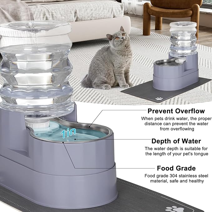 Sfozstra Automatic Gravity Water Dispenser: 5L Gray Stainless Steel Pet Bowl Waterer with Waterproof Pad - Raised Edge Water Feeder for Cats & Small Dogs Indoor/Outdoor