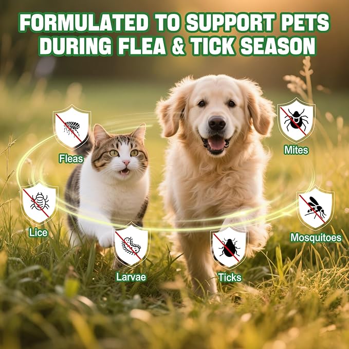 Natural Oral Flea and Tick Prevention for Dogs and Cats, Bacon Flavor Liquid Drops with Multivitamin-Flea and Tick Treatment and Defense Supplement for Pets of All Breeds and Ages