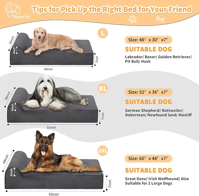 Orthopedic Dog Beds for Large Dogs, 7" Memory Foam Dog Beds with Waterproof Liner, Chew Proof Microsuede Cover, Removable and Washable, Nonskid Bottom, 52"x36" XL Grey