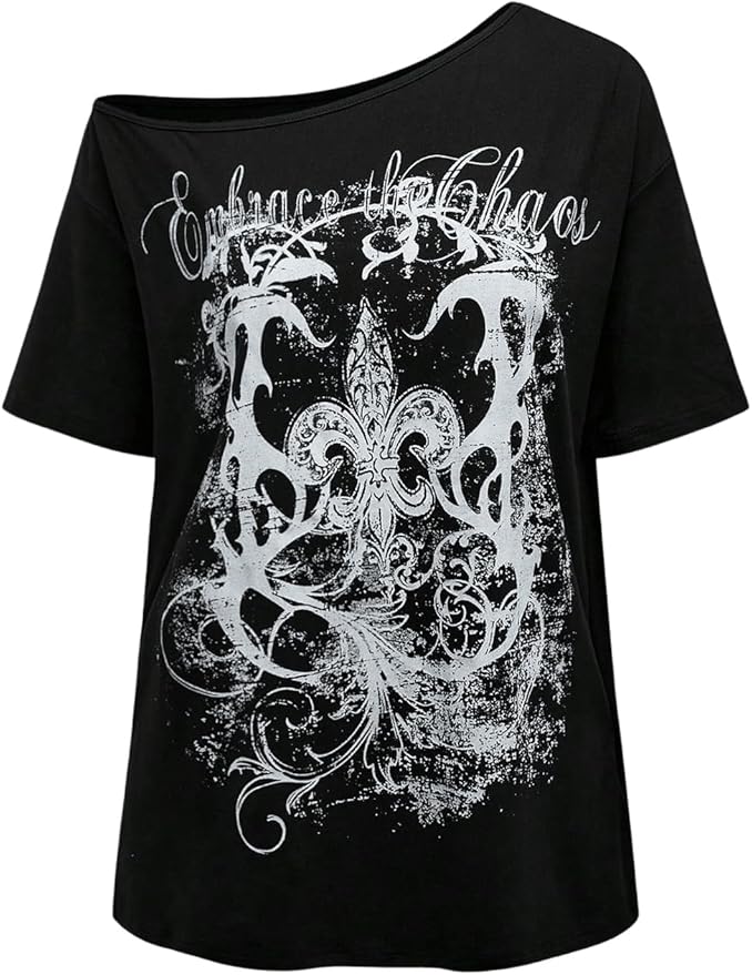 SOLY HUX Women's Off The Shoulder Tops Graphic Tees Y2k Vintage Gothic Oversized T Shirts Streetwear