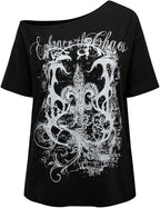 SOLY HUX Women's Off The Shoulder Tops Graphic Tees Y2k Vintage Gothic Oversized T Shirts Streetwear