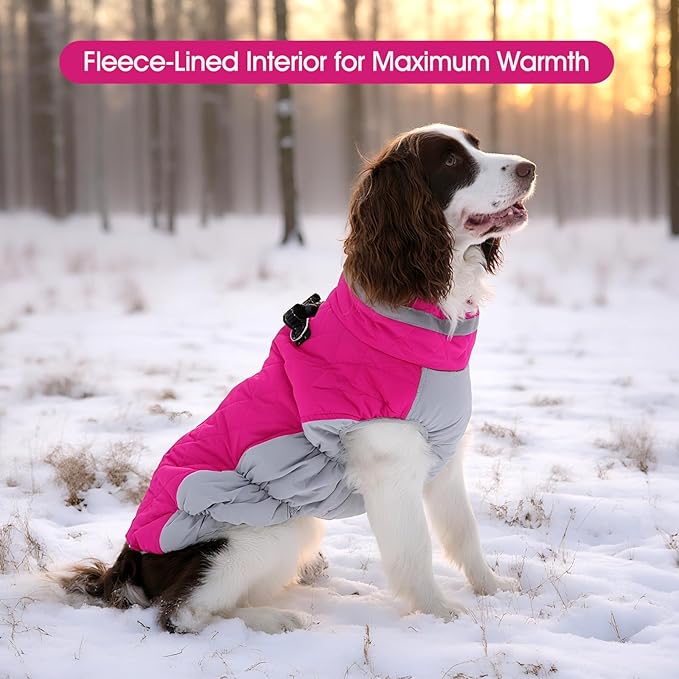 FUAMEY Dog Coat for Large Dogs,Waterproof Dog Winter Jacket with Harness Built in Puppy Cold Weather Coats Reflective Pet Vest with Zipper Warm Fleece Dogs Snowsuit Windproof Pink XXL