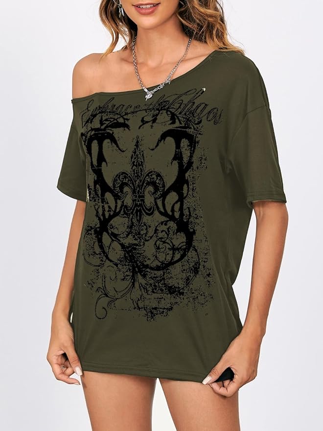 SOLY HUX Women's Off The Shoulder Tops Graphic Tees Y2k Vintage Gothic Oversized T Shirts Streetwear