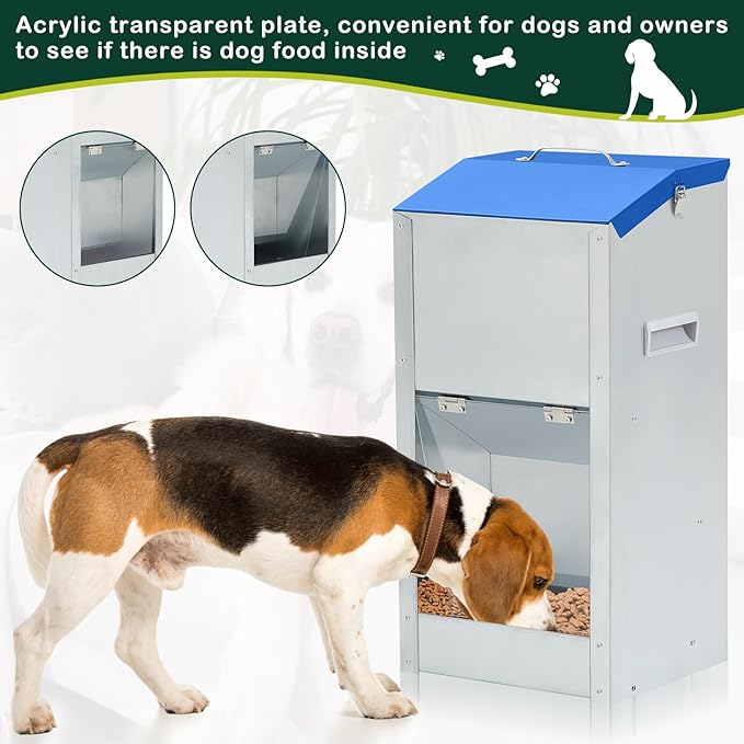 2 Pcs Large Automatic Dog Feeders with Handle Acrylic Panel Galvanized Gravity Feeder Outdoor Hanging for Doggie Breed Dog Food Dispenser Container (Blue,25 Lbs)