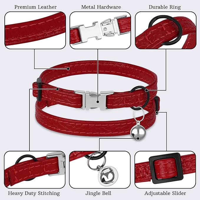 Leather Cat Collar with Buckle and Removable Bell - Non Breakaway Adjustable Soft Safety Small Pet Collars for Girl Boy Cats Kitten (Red)