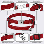 Leather Cat Collar with Buckle and Removable Bell - Non Breakaway Adjustable Soft Safety Small Pet Collars for Girl Boy Cats Kitten (Red)