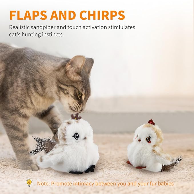 Gigwi Flappy Bird Cat Toy For Indoor Cats, Rechargeable Lifelike Sandpiper Interactive Flapping Bird Cat Toy Tweet, Flapping Wings & Lively Chirping, Catnip Toys For Kitten, Touch Activated (Couple)