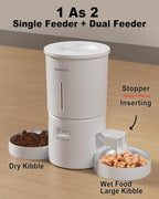 Dual Automatic Cat Feeder 2 Cats,6 Meals/Day,12 Portions/Meal,4.2L Dual Power Double Bowls Feeder,Dry Food Auto Pet Dispenser,10S Voice Record,Flexible Schedule Timer(White,Stainless Dual Bowls)