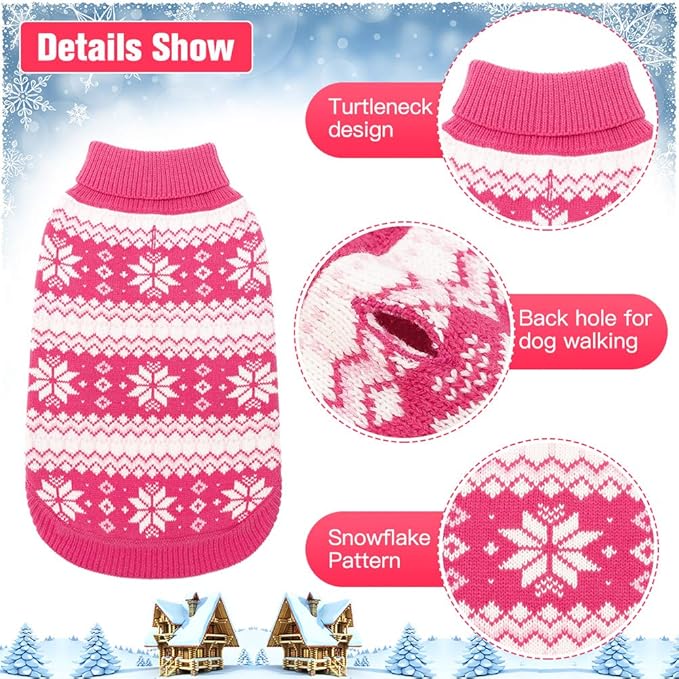 KOOLTAIL Cable Knit Dog Sweater Turtleneck, Cold Weather Pullover Classic Knitwear, Snowflake Pattern Thick Warm Winter Pet Clothes, Dog Christmas Sweater for Small Medium Large Dogs Girl, Pink L