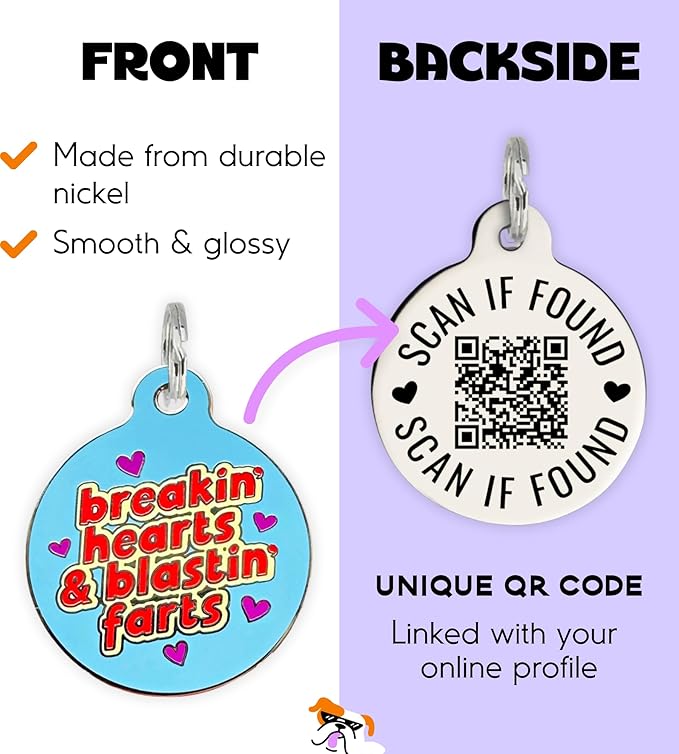 Personalized QR Code Dog Tags - Choose from 25+ Tag Designs - QR Code Links to Your Profile - Unique, Cute, Funny, Sassy Pet ID Tag (Breakin' Hearts & Blastin' Farts, Large (1.25 inch))