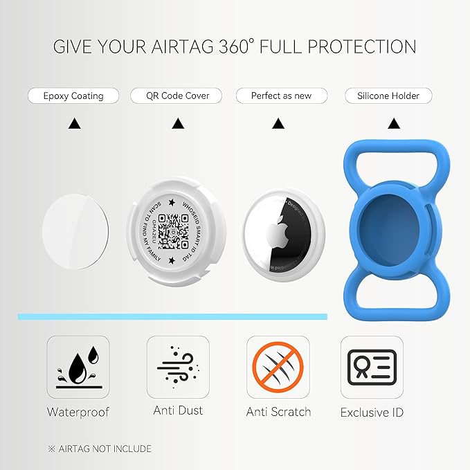 Holder for Dog Collar, Scan QR Code Send Location Alert Email, Waterproof Full Body Protection Anti-Lost Case, Accessories for Dog, Cats, Collar, Backpack (Blue, Large)