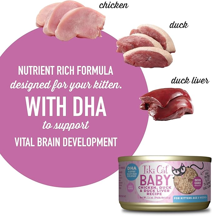 Tiki Cat Baby, Chicken Duck & Duck Liver Mousse & Shreds, High-Protein and Flavorful, Wet Cat Food for Kittens 4 Weeks Plus, 2.4 oz. Cans (Pack of 12)