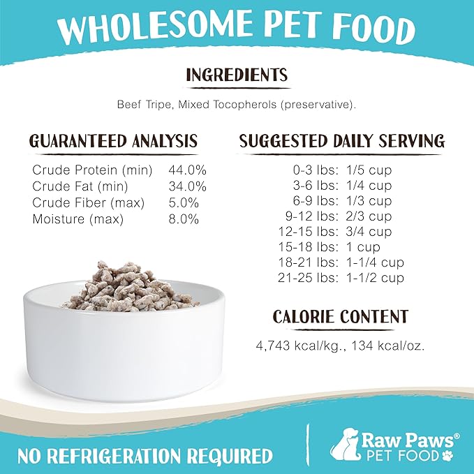 Raw Paws Freeze-Dried Green Beef Tripe for Dogs & Cats (16-Ounce) - Made in USA - Green Beef Tripe Dog Food - Raw Freeze Dried Green Tripe