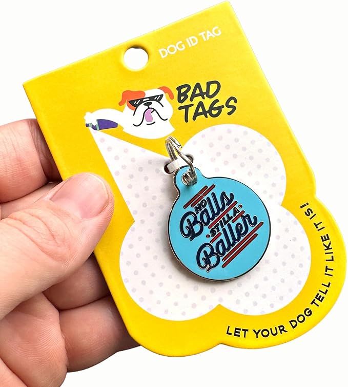 Personalized QR Code Dog Tags - Choose from 25+ Tag Designs - QR Code Links to Your Profile - Unique, Cute, Funny, Sassy Pet ID Tag (No Balls Still A Baller, Large (1.25 inch))