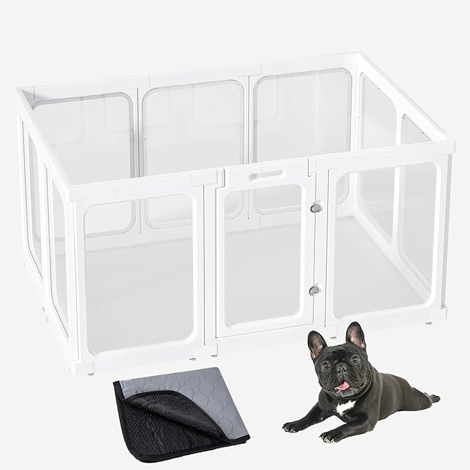 Acrylic Dog Playpen Indoor 24" H 10PCS,Clear Dog Play Pen with Door,Easy Assembe Sturdy&Easy Cleaning Plastic Transparent Pet Fence,Preferable for Puppy Kitty Rabbit Ferret