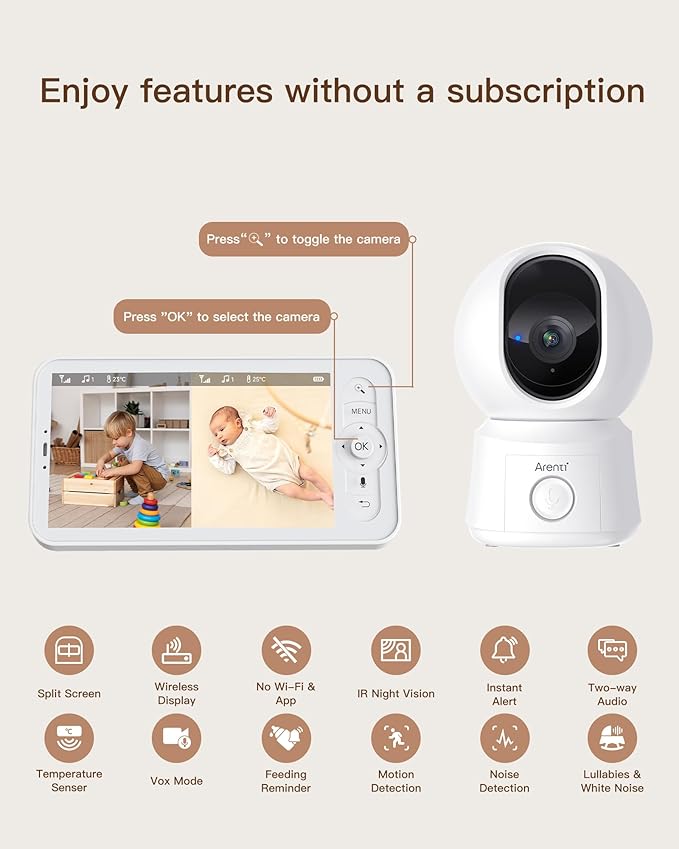 ARENTI WiFi Baby Camera Monitor B2 Kit 2025 Upgraded, 5-inch Wireless Display, Smartphone App, Encrypted Connection, Lullaby, Super Night Vision, Auto Tracking, Temp Sensor, Support Local Storage