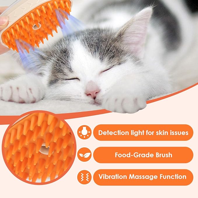 Pet Steam Brush for Dog & Cat, 5-In-1 Spray Comb for Hair Removal Deshedding & Grooming, Vibration Massage Hair Remover for Long & Short Pets Includes Rinse-Free Shampoo & Skin Checking Light
